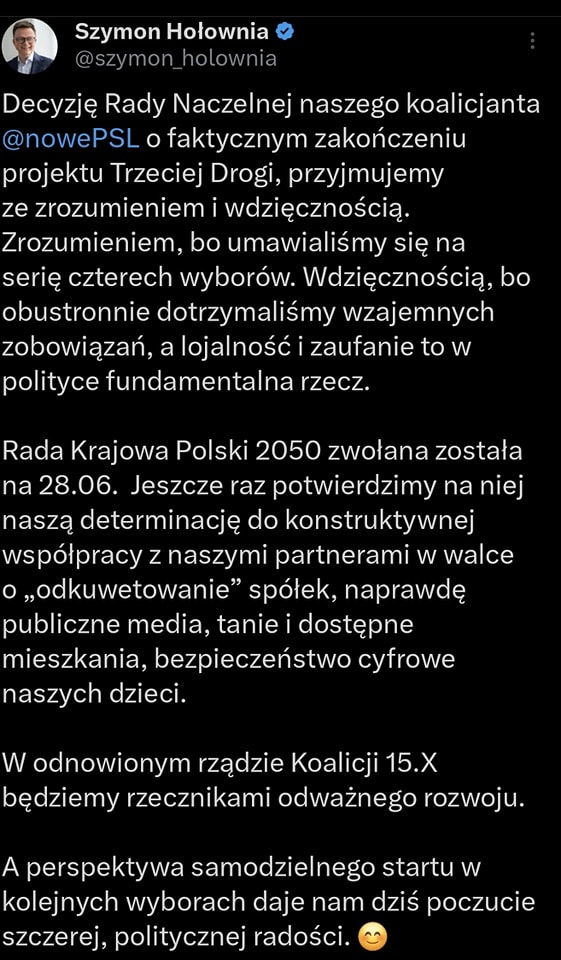 Hołownia po upadku Trzeciej Drogi 2025