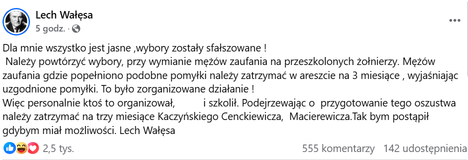 Wałęsa sfałszowane wybory