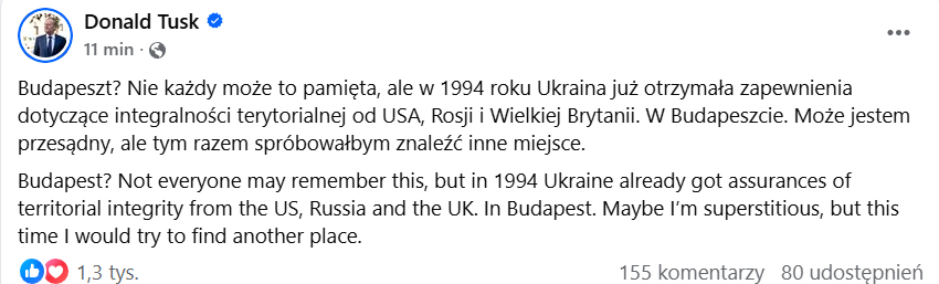 Donald Tusk Trump Putin Budapeszt wpis