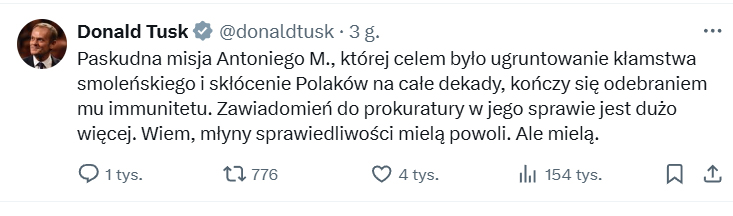 Tusk o Macierewiczu 2025 immunitet wpis
