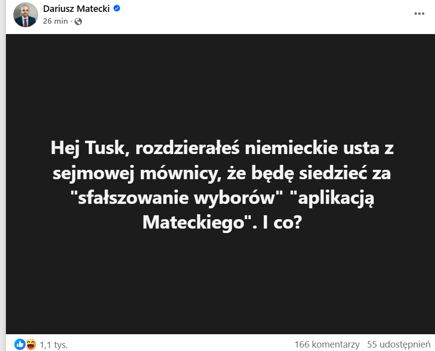 Wpis Mateckiego o Tusku news 02 09 2025